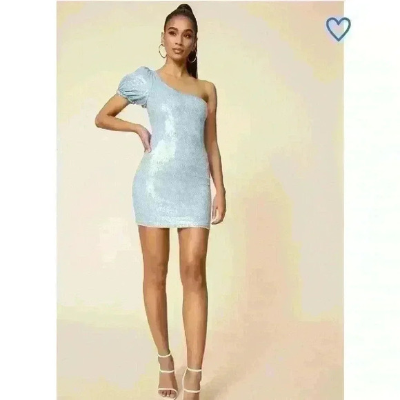 Superdown Honey One Shoulder Dress Size Small Blue Sequin - Picture 3 of 9
